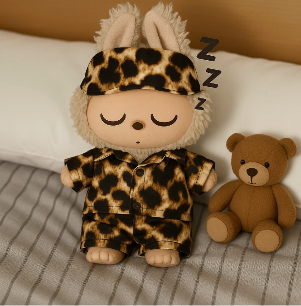 Leoparden-Outfit Set für Labubu Figuren – Shirt, Shorts & Schlafmaske