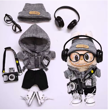 15 cm/17 cm Labubu Universal Hoodie Set Grau – Trendiges Outfit mit Kamera, Brillle