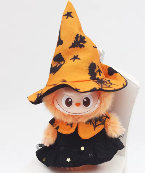 Halloween Hexen-Outfit Set (2-teilig) – Orange-Schwarzer Hexenhut & Kleid für Labubu Figuren