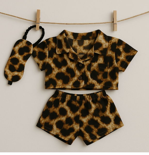 Leoparden-Outfit Set für Labubu Figuren – Shirt, Shorts & Schlafmaske