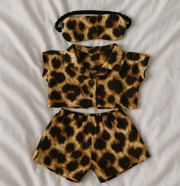 Leoparden-Outfit Set für Labubu Figuren – Shirt, Shorts & Schlafmaske