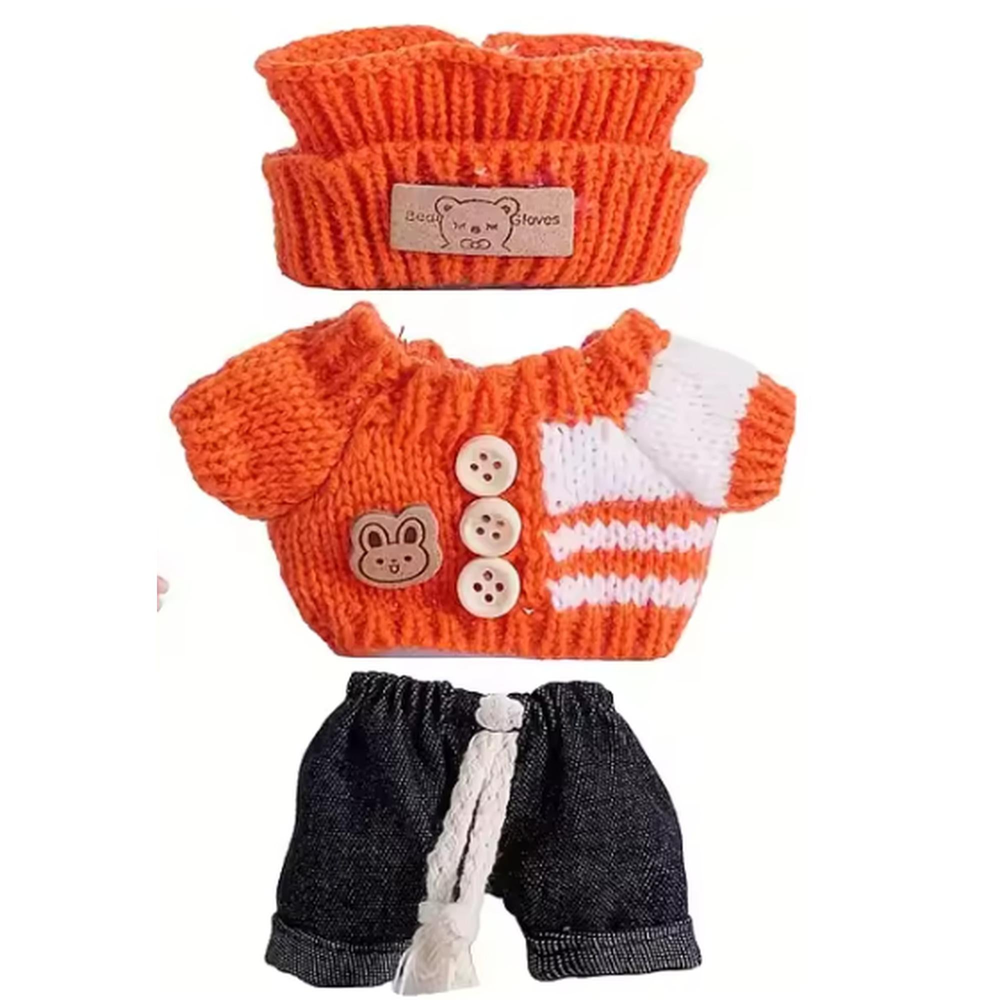 Oranges Outfit Set für Labubu Figuren Strickjacke Hose & Mütze aus Strickmaterial perfekt für Sammler und Fans