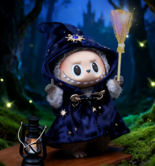 Zauberer-Outfit Set (3-teilig) für Labubu Figuren – Dunkelblauer Umhang, Mini-Besen & Laterne