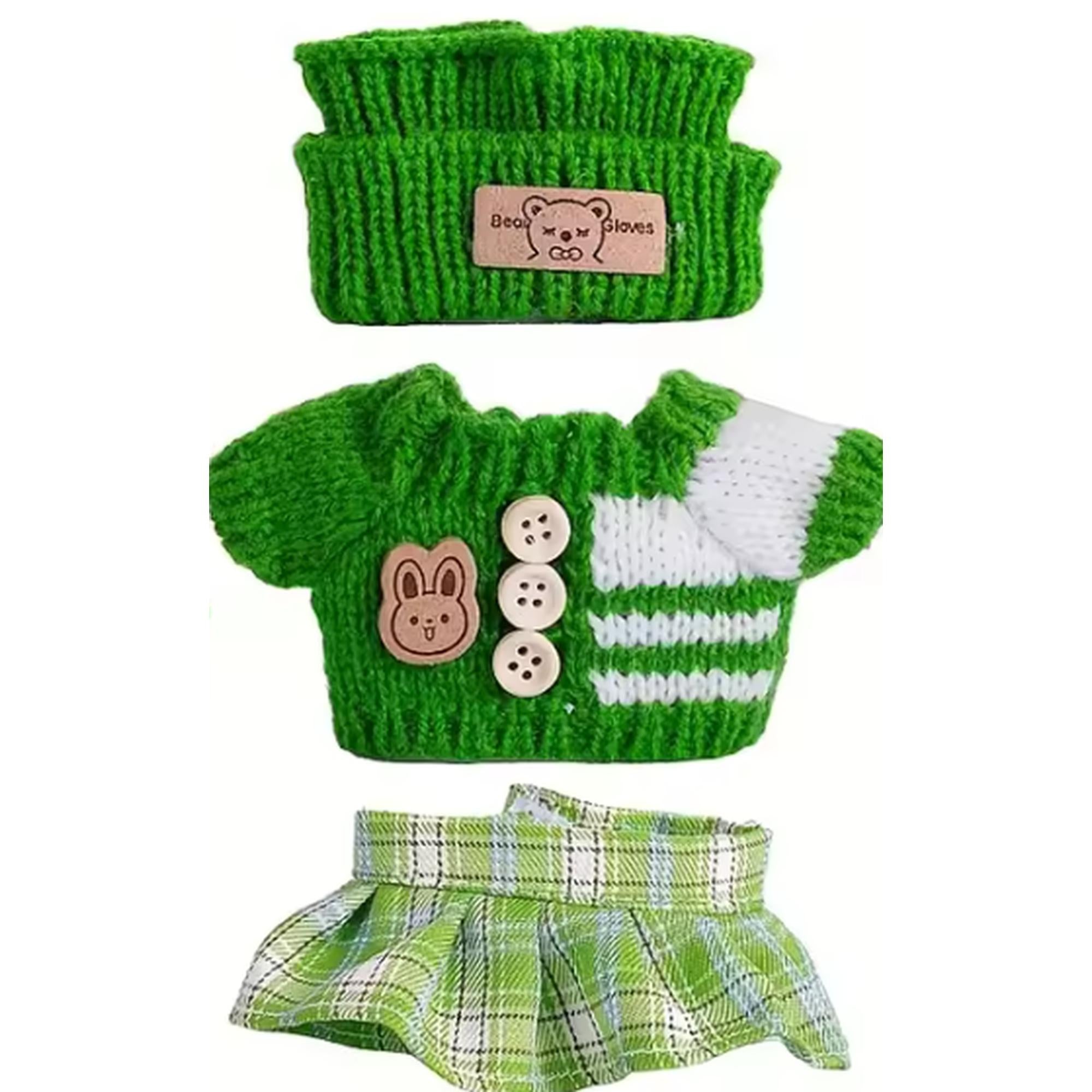 Labubu Grünes Outfit Set für Figuren – Strickjacke, Rock & Mütze, Elegantes Set für Sammler und Fans, Perfekt für Labubu Figuren, Stilvoller Look