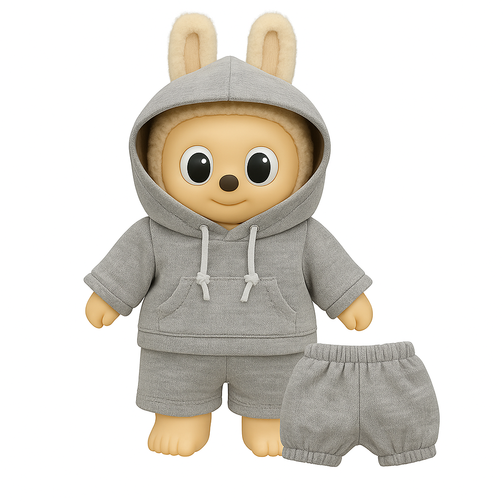 15 cm/17 cm Labubu Hoodie Set -Hoodie in Grau– Outfit mit Short