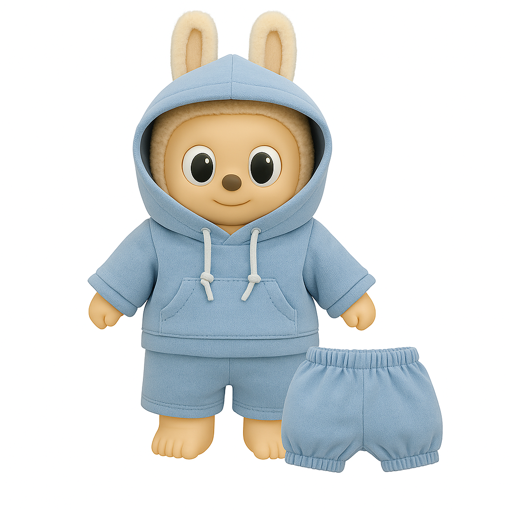 15 cm/17 cm Labubu Hoodie Set – Hoodie in Baby  Blau– Outfit mit Short