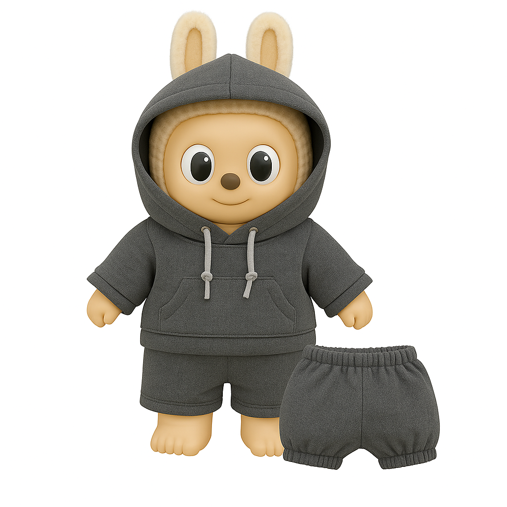 15 cm/17 cm Labubu Outfit „Iron Gray“ – Hoodie & Shorts Set für Labubu Figuren