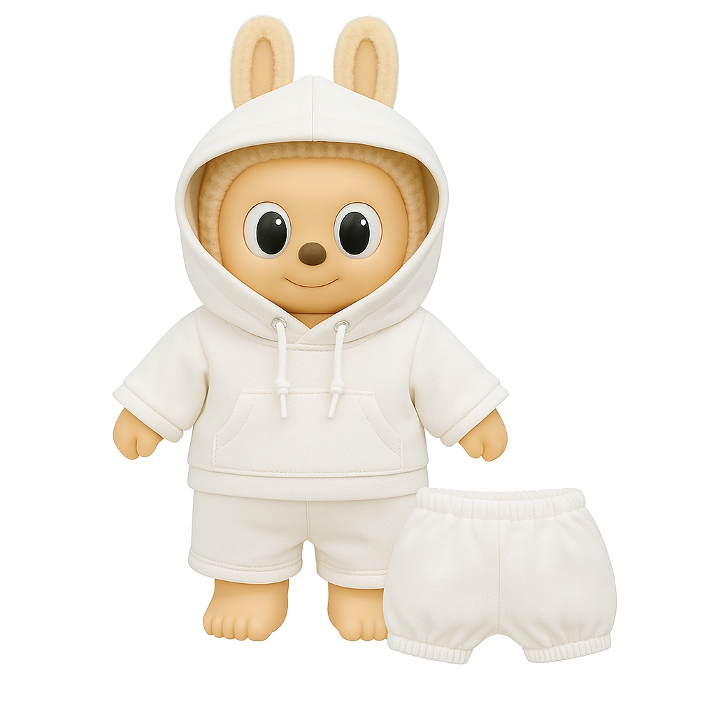 15 cm/17 cm Labubu Outfit „White Edition“ – Hoodie & Shorts Set für Labubu