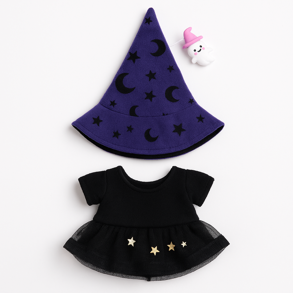 Hexen-Outfit Set für Labubu Figuren (2-teilig) – Lila Hexenhut & Schwarzes Kleid mit Sternen