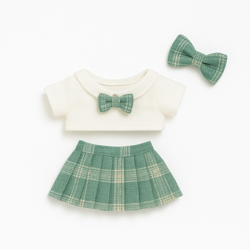 Grünes Schuluniform-Outfit für Labubu Figuren – Zweiteilig mit Schleifen